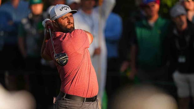 Jon Rahm watches a drive in the final round of the 2023 Masters.